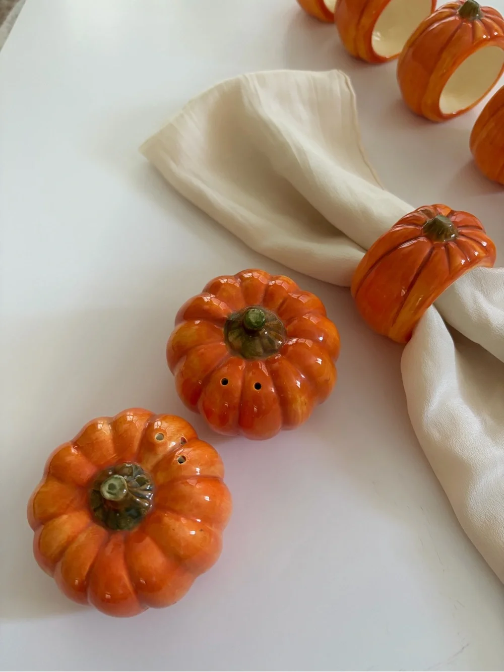 Vintage Otagiri Pumpkin Napkin Rings with matching Pumpkin Salt & Pepper set.